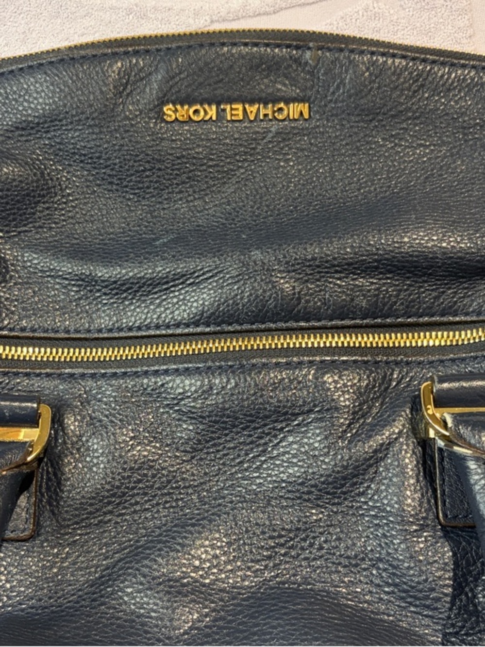 Michael Kors Navy Pebbled Leather Shoulder Bag with Gold Hardware